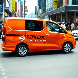 A striking orange mini blind van featuring the logo "SPX EXPRESS ARUT SELATAN" prominently displayed on its side