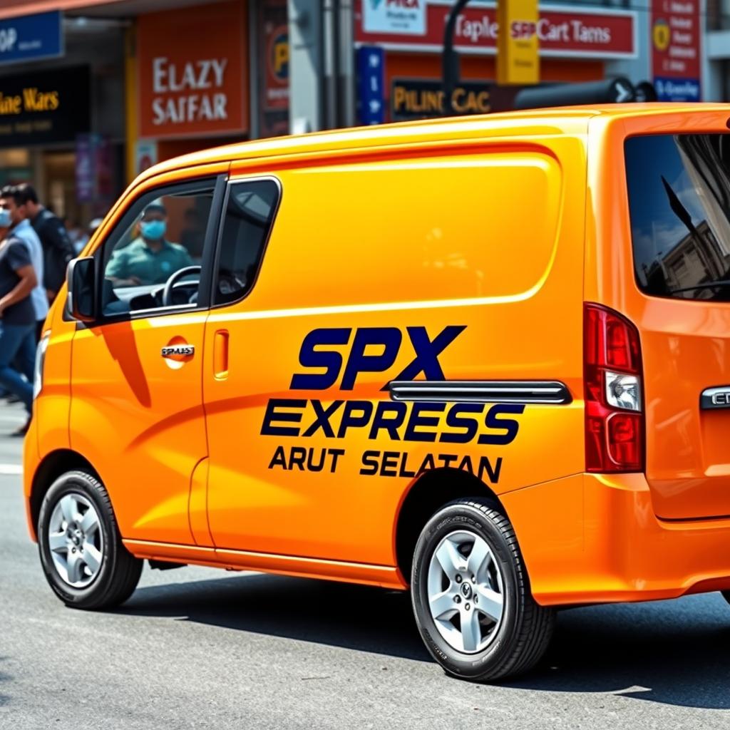 A striking orange mini blind van featuring the logo "SPX EXPRESS ARUT SELATAN" prominently displayed on its side