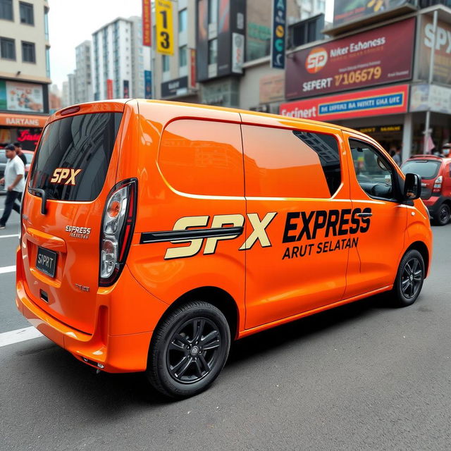 A striking orange mini blind van featuring the logo "SPX EXPRESS ARUT SELATAN" prominently displayed on its side
