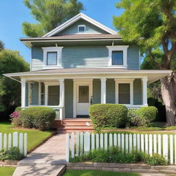 The front facade of a charming and welcoming house with well-maintained front yard, lush greenery, and a warm, welcoming front porch under a clear, blue sky.