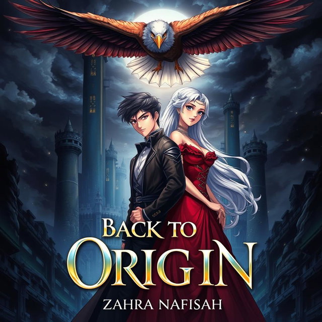 A captivating book cover featuring a 22-year-old man with a determined expression and a 21-year-old woman with stunning silver hair, both elegantly dressed in royal gowns