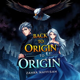 A captivating book cover featuring a 22-year-old man with a determined expression and a 21-year-old woman with stunning silver hair, both elegantly dressed in royal gowns