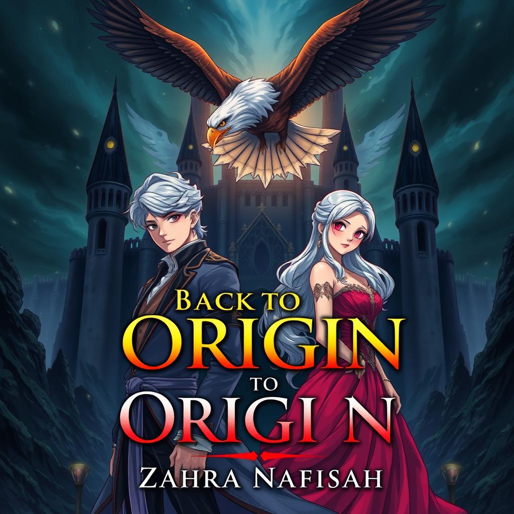 A captivating book cover featuring a 22-year-old man with a determined expression and a 21-year-old woman with stunning silver hair, both elegantly dressed in royal gowns