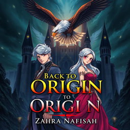 A captivating book cover featuring a 22-year-old man with a determined expression and a 21-year-old woman with stunning silver hair, both elegantly dressed in royal gowns