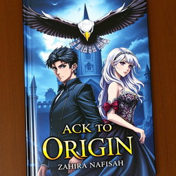 A captivating book cover featuring a 22-year-old man with a determined expression and a 21-year-old woman with stunning silver hair, both elegantly dressed in royal gowns