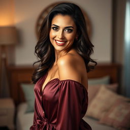 A gorgeous 40-year-old woman dressed in a stylish, elegant pajama set, standing with her body facing the camera and a provocatively flirtatious smile on her face