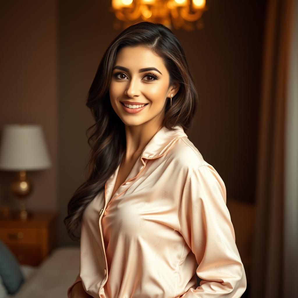 A gorgeous 40-year-old woman dressed in a stylish, elegant pajama set, standing with her body facing the camera and a provocatively flirtatious smile on her face