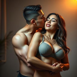 A romantic and intimate scene featuring a handsome 39-year-old Indonesian man with an athletic body and pure white skin, affectionately hugging a beautiful 28-year-old woman with a sturdy and sexy physique from behind while standing
