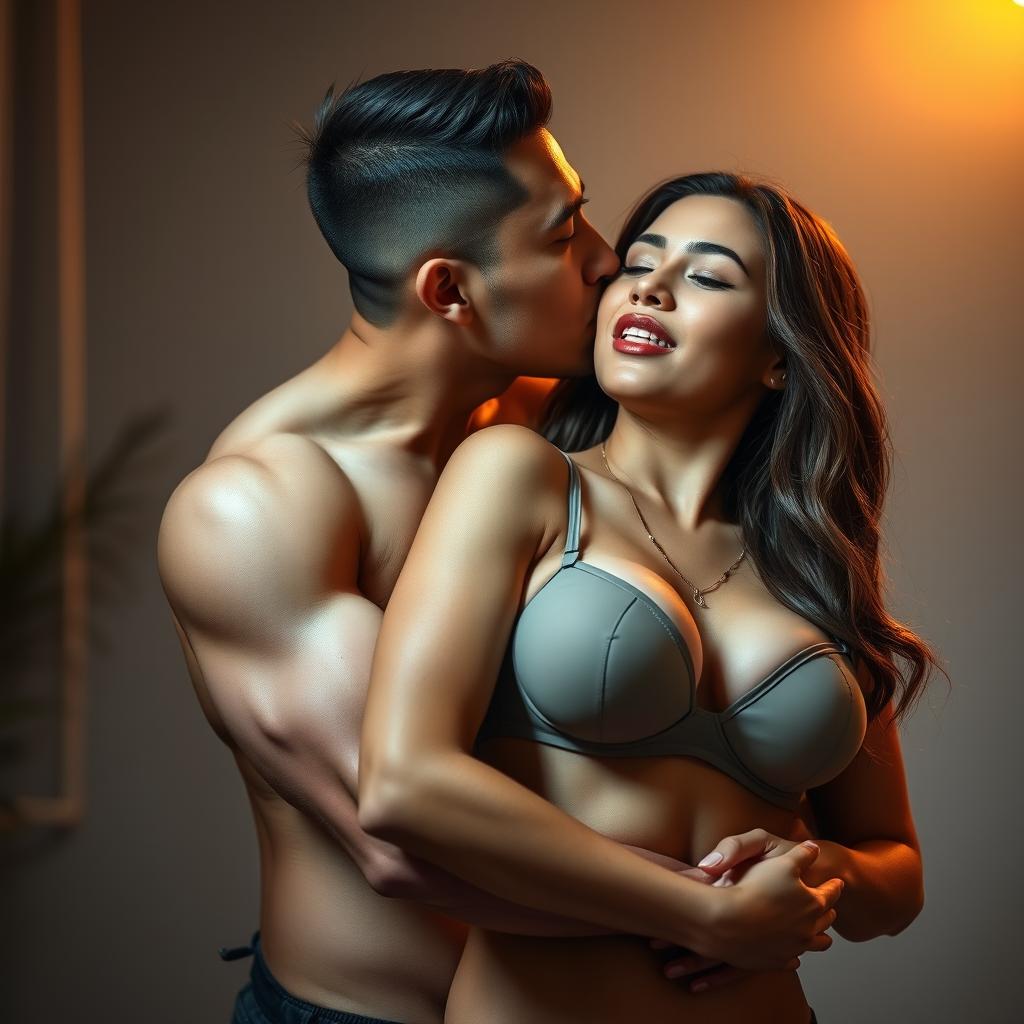 A romantic and intimate scene featuring a handsome 39-year-old Indonesian man with an athletic body and pure white skin, affectionately hugging a beautiful 28-year-old woman with a sturdy and sexy physique from behind while standing