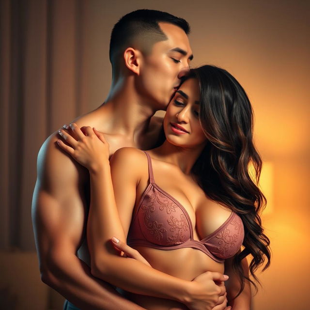 A romantic and intimate scene featuring a handsome 39-year-old Indonesian man with an athletic body and pure white skin, affectionately hugging a beautiful 28-year-old woman with a sturdy and sexy physique from behind while standing