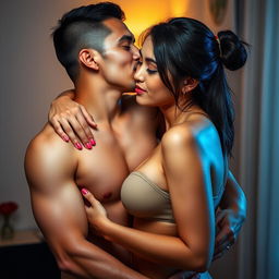 A romantic and intimate scene featuring a handsome 39-year-old Indonesian man with an athletic body and pure white skin, affectionately hugging a beautiful 28-year-old woman with a sturdy and sexy physique from behind while standing