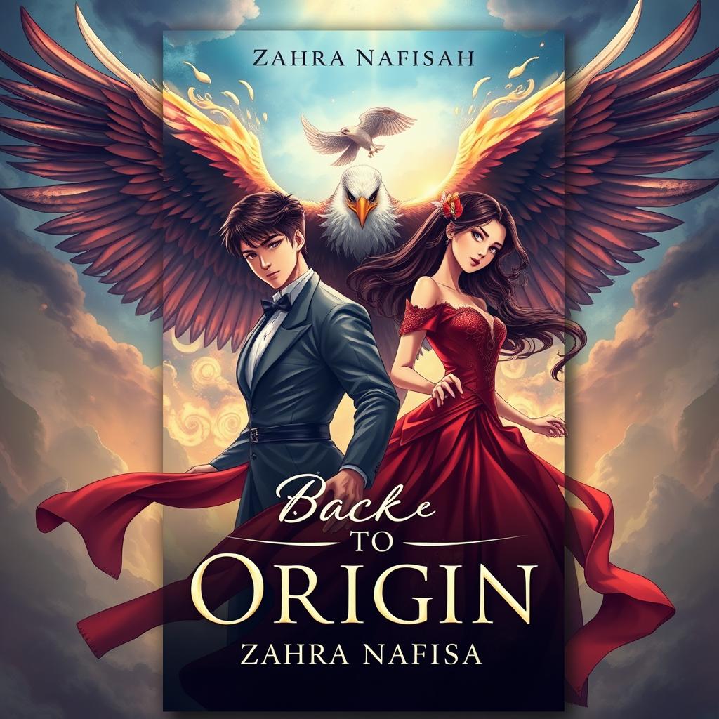 A book cover featuring a 22-year-old man and a 21-year-old woman, both dressed in elegant dresses, with a majestic eagle soaring above them