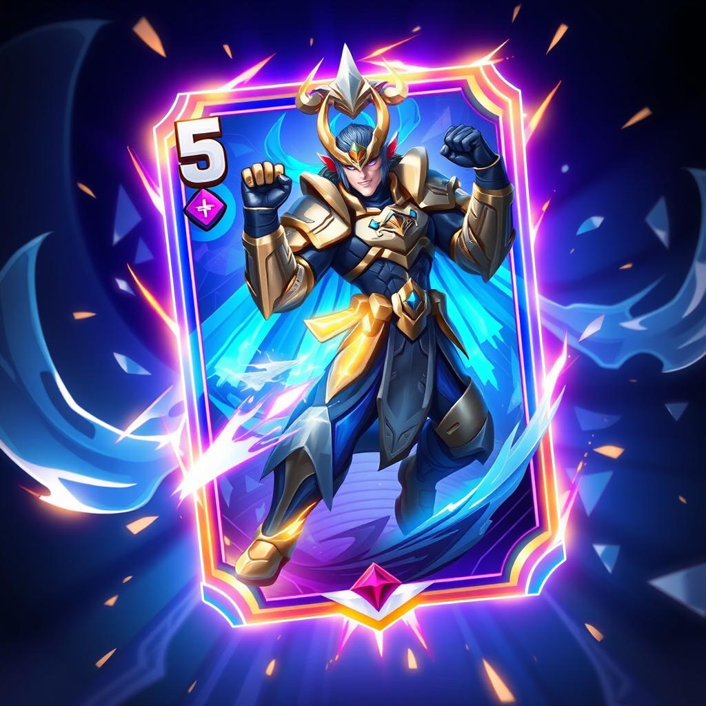 A digital card design for a fictitious mobile game featuring a vibrant and dynamic glowing effect