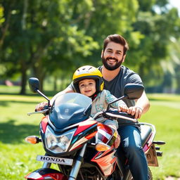 A heartwarming scene depicting a father and his 6-year-old son joyfully sitting together on a Honda 125 motorcycle