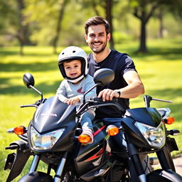 A heartwarming scene depicting a father and his 6-year-old son joyfully sitting together on a Honda 125 motorcycle