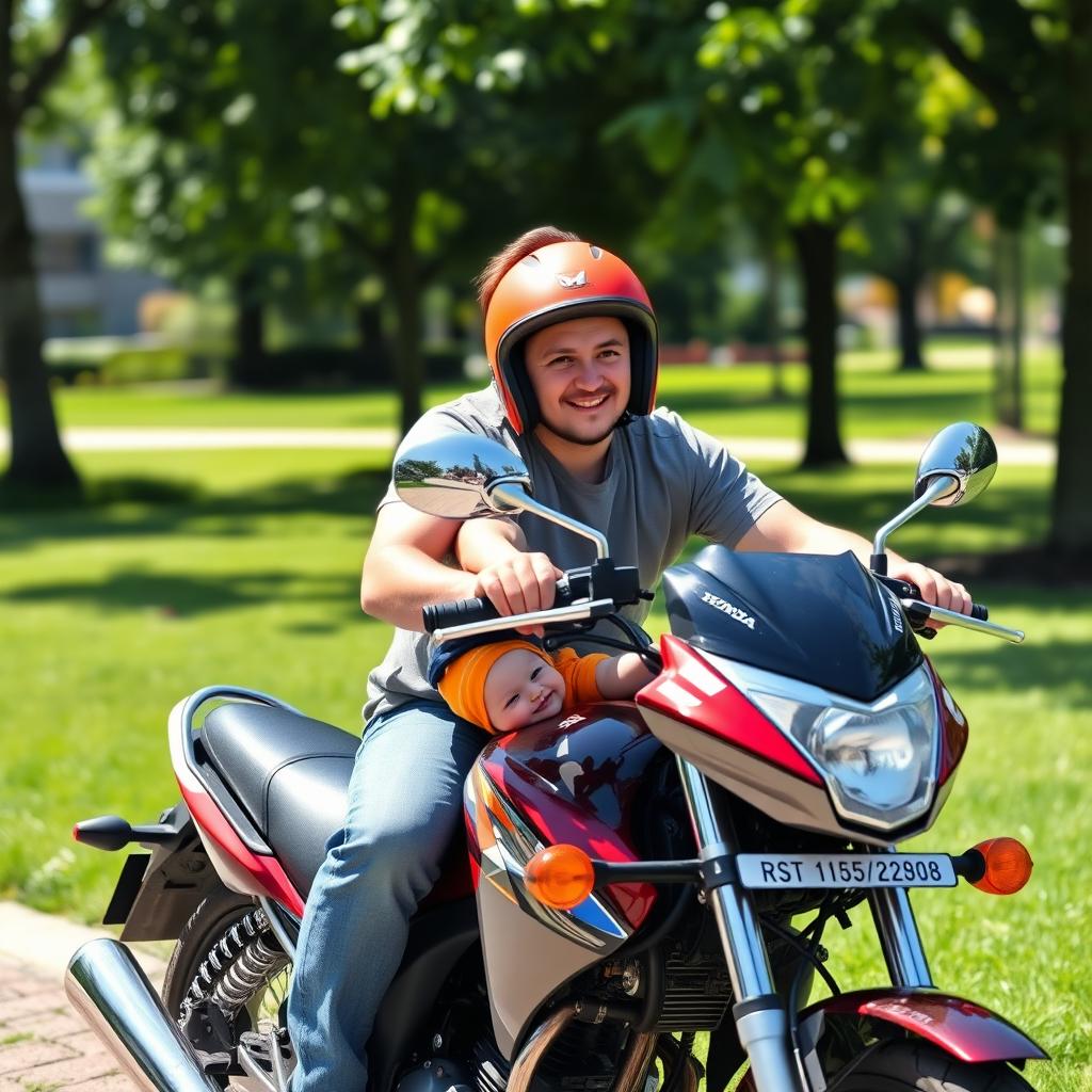 A heartwarming scene depicting a father and his 6-year-old son joyfully sitting together on a Honda 125 motorcycle