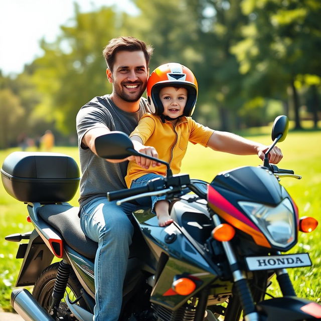 A heartwarming scene depicting a father and his 6-year-old son joyfully sitting together on a Honda 125 motorcycle