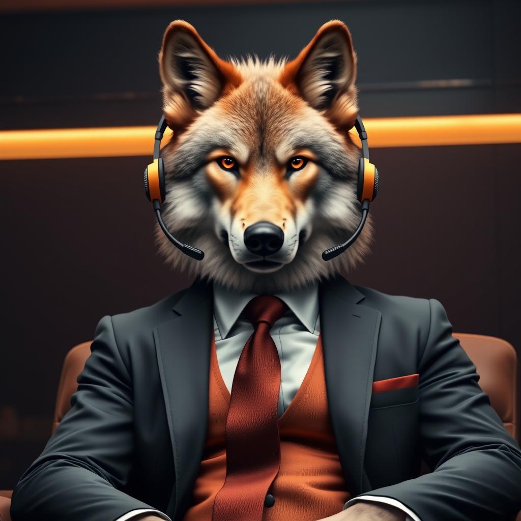 A highly detailed, realistic depiction of a wolf (lobo) dressed in a sharp executive suit, wearing headset headphones commonly used by teleoperators