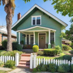 The front facade of a charming and welcoming house with well-maintained front yard, lush greenery, and a warm, welcoming front porch under a clear, blue sky.