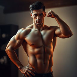 A confident male figure posing in a seductive stance, showcasing an open body with an assertive expression
