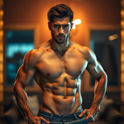 A confident male figure posing in a seductive stance, showcasing an open body with an assertive expression