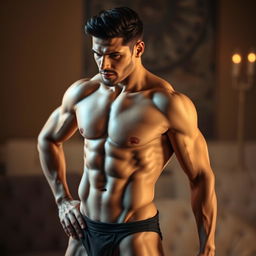 A confident male figure posing in a seductive stance, showcasing an open body with an assertive expression