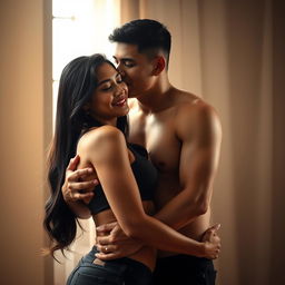 An intimate and romantic scene featuring a handsome 39-year-old Indonesian man with an athletic physique and pure white skin, affectionately hugging a beautiful 28-year-old woman with a sturdy and sexy body from behind while standing