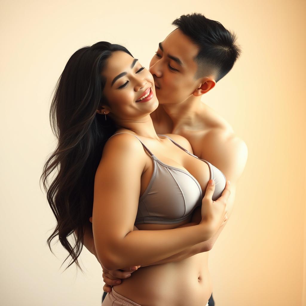 An intimate and romantic scene featuring a handsome 39-year-old Indonesian man with an athletic physique and pure white skin, affectionately hugging a beautiful 28-year-old woman with a sturdy and sexy body from behind while standing