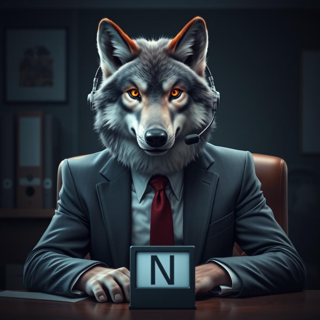 A realistic gray wolf in a business suit, wearing teleoperator headphones, sitting in a cozy office environment