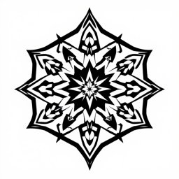 A stylish, monochrome graphic design suitable for T-shirt printing, featuring an abstract geometric pattern with sharp lines and intricate shapes, combining elements of minimalism and modern art