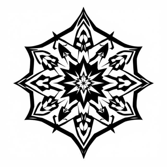 A stylish, monochrome graphic design suitable for T-shirt printing, featuring an abstract geometric pattern with sharp lines and intricate shapes, combining elements of minimalism and modern art