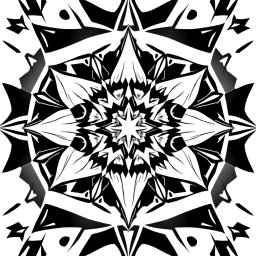 A stylish, monochrome graphic design suitable for T-shirt printing, featuring an abstract geometric pattern with sharp lines and intricate shapes, combining elements of minimalism and modern art