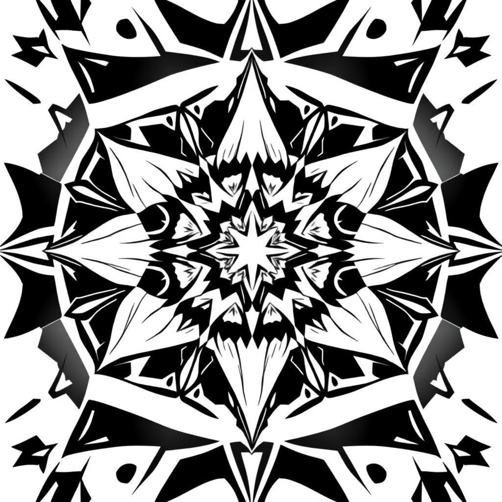 A stylish, monochrome graphic design suitable for T-shirt printing, featuring an abstract geometric pattern with sharp lines and intricate shapes, combining elements of minimalism and modern art