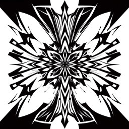 A stylish, monochrome graphic design suitable for T-shirt printing, featuring an abstract geometric pattern with sharp lines and intricate shapes, combining elements of minimalism and modern art