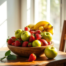 An elegant and vibrant still life arrangement of colorful fruits in a rustic wooden bowl on a sunlit table