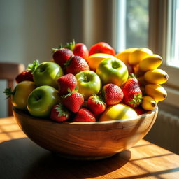 An elegant and vibrant still life arrangement of colorful fruits in a rustic wooden bowl on a sunlit table