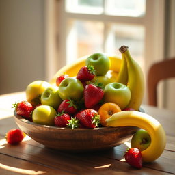 An elegant and vibrant still life arrangement of colorful fruits in a rustic wooden bowl on a sunlit table