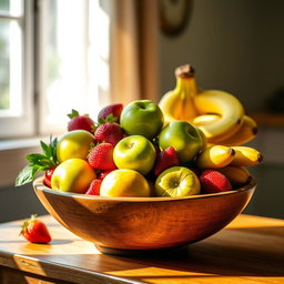 An elegant and vibrant still life arrangement of colorful fruits in a rustic wooden bowl on a sunlit table