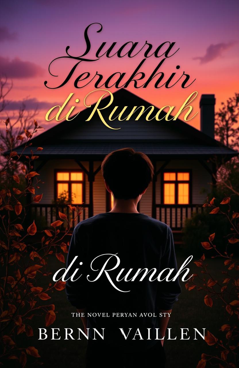 A captivating novel cover for "Suara Terakhir di Rumah" featuring a somber yet beautiful scene