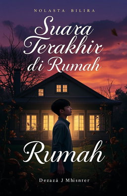 A captivating novel cover for "Suara Terakhir di Rumah" featuring a somber yet beautiful scene