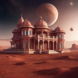 A lavish Victorian villa, characterized by intricate architectural elements, situated on the barren landscape of Mars, with the red Martian soil and the distant galactic horizon as its backdrop.