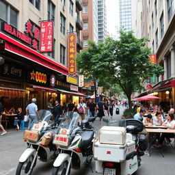 A vibrant urban street scene showcasing numerous restaurants with colorful signage and awnings, bustling with activity