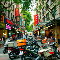 A vibrant urban street scene showcasing numerous restaurants with colorful signage and awnings, bustling with activity
