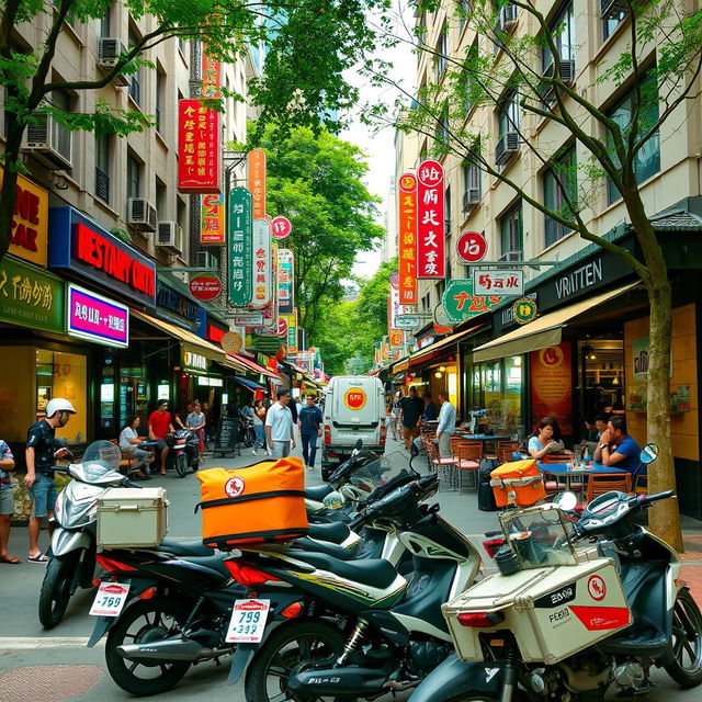 A vibrant urban street scene showcasing numerous restaurants with colorful signage and awnings, bustling with activity