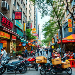 A vibrant urban street scene showcasing numerous restaurants with colorful signage and awnings, bustling with activity