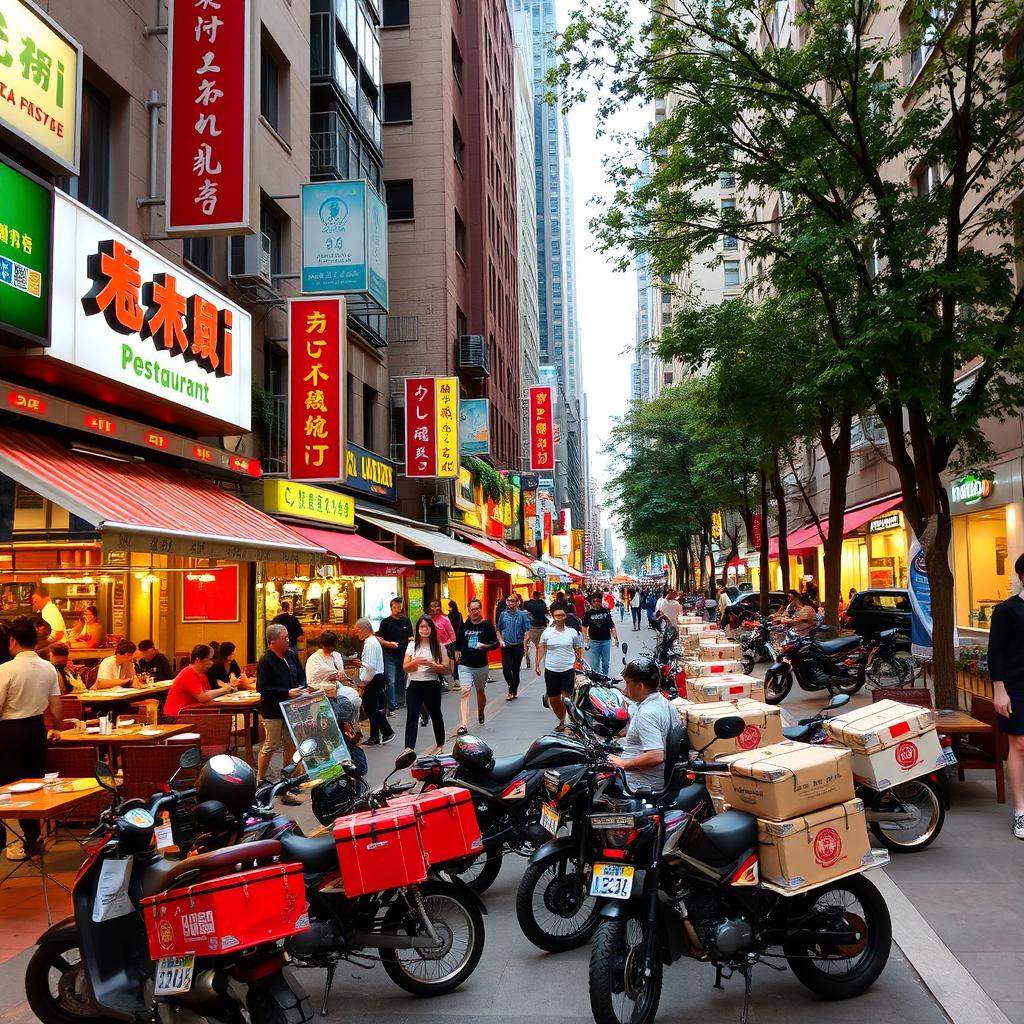 A vibrant urban street scene showcasing numerous restaurants with colorful signage and awnings, bustling with activity