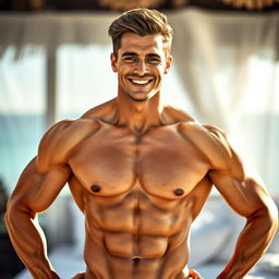 A handsome, muscular male figure with an open pose showcasing a confident and striking physique