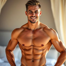 A handsome, muscular male figure with an open pose showcasing a confident and striking physique