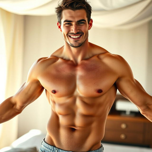 A handsome, muscular male figure with an open pose showcasing a confident and striking physique