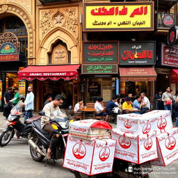 A vibrant urban street scene featuring a variety of Arabic restaurants, each adorned with intricate architectural details and colorful signage